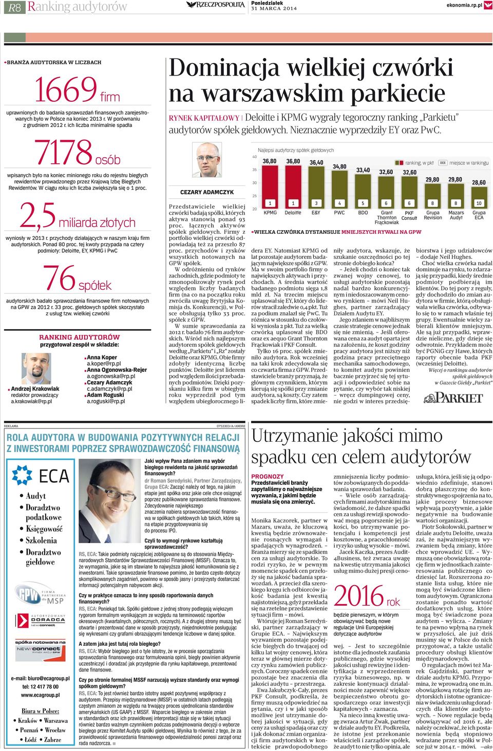 ich liczba minimalnie spadła Dominacja wielkiej czwórki na warszawskim parkiecie RYNEK KAPITAŁOWY Deloitte i KPMG wygrały tegoroczny ranking Parkietu audytorów spółek giełdowych.