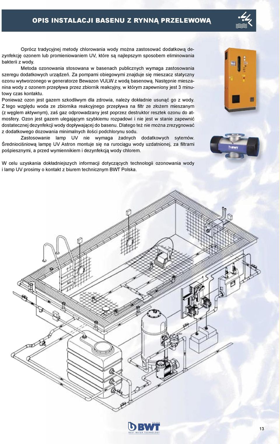 Za pompami obiegowymi znajduje się mieszacz statyczny ozonu wytworzonego w generatorze Bewazon VULW z wodą basenową.