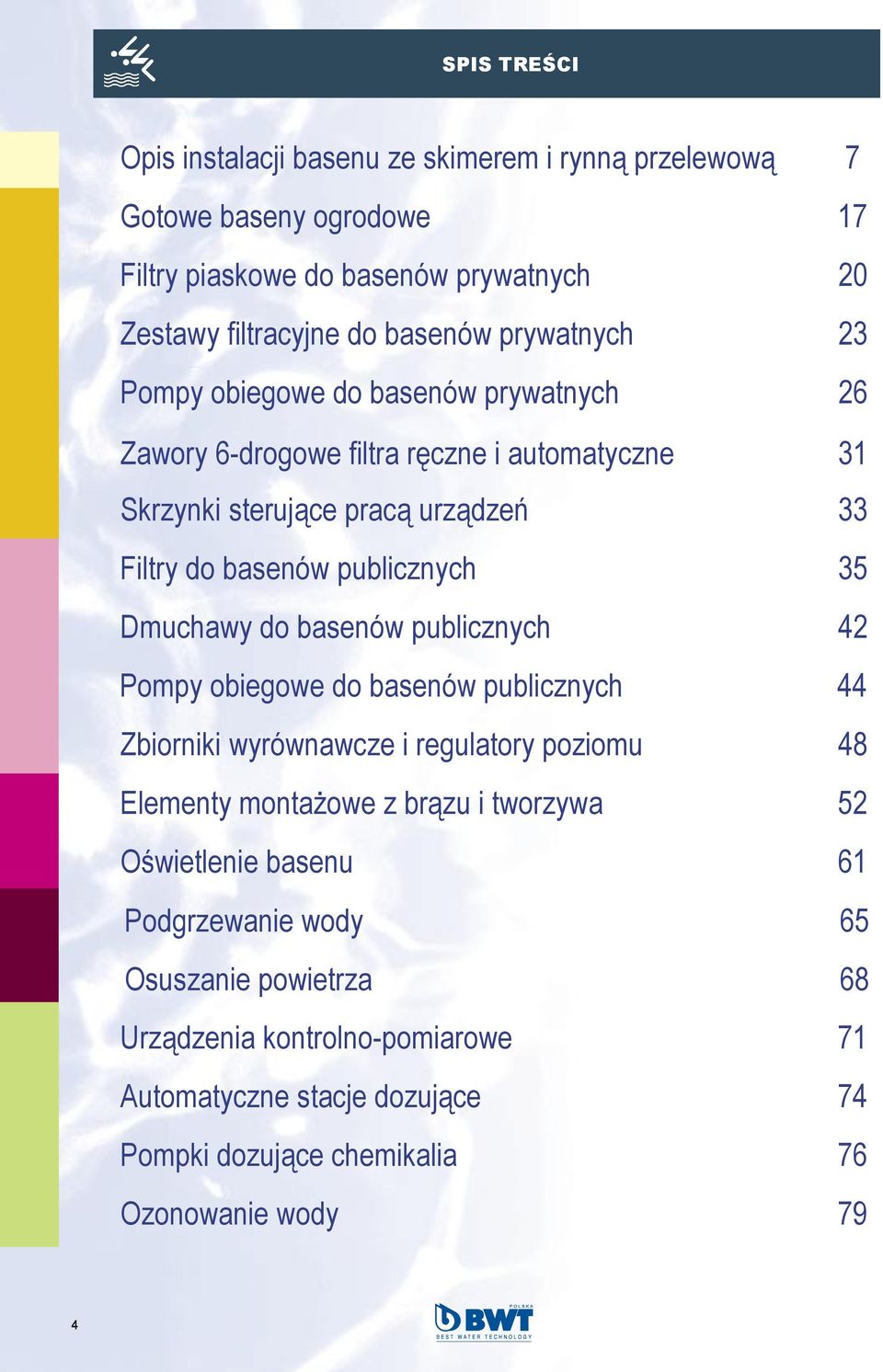 35 Dmuchawy do basenów publicznych 42 Pompy obiegowe do basenów publicznych 44 Zbiorniki wyrównawcze i regulatory poziomu 48 Elementy montażowe z brązu i tworzywa 52