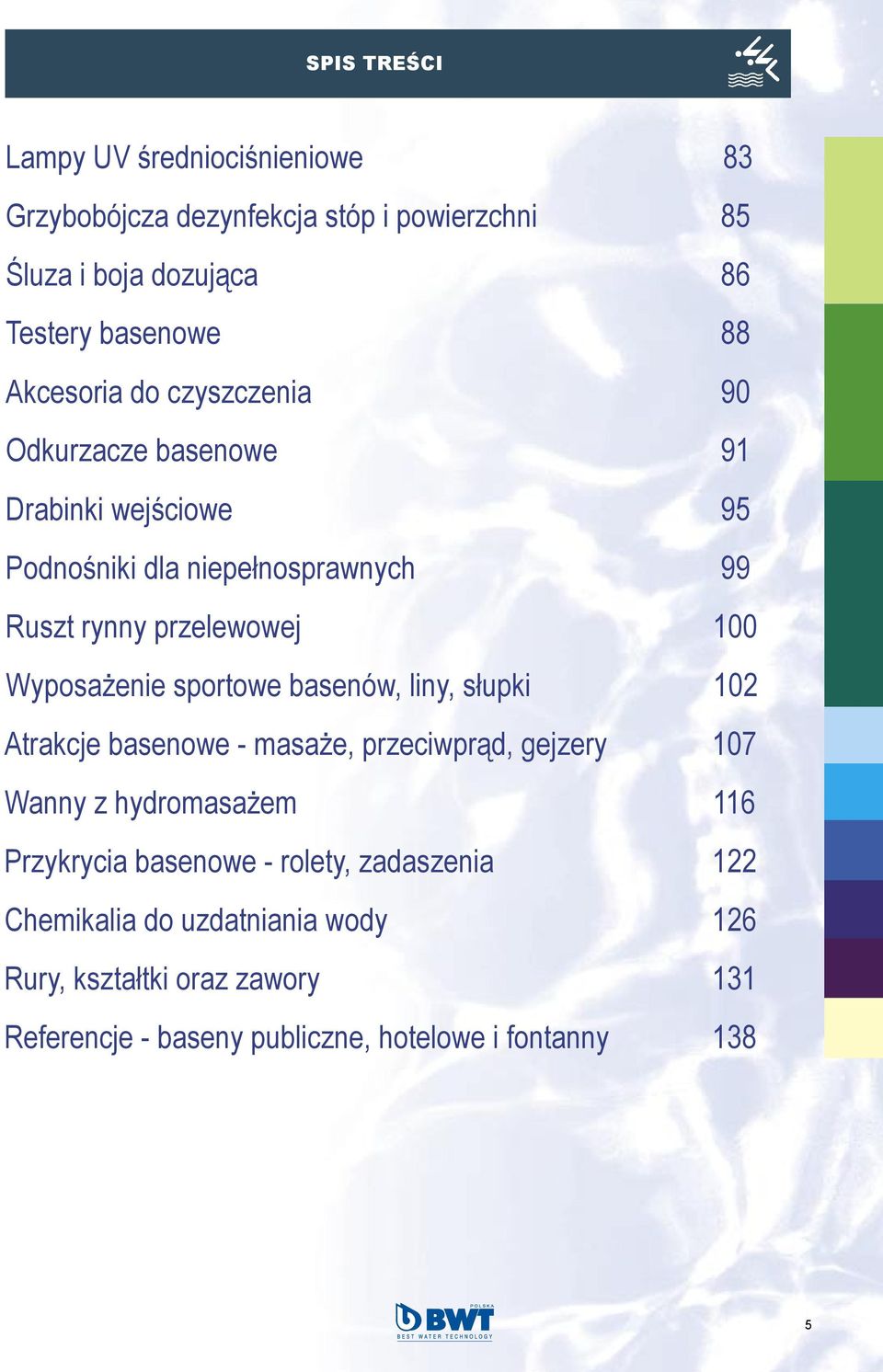 Wyposażenie sportowe basenów, liny, słupki 102 Atrakcje basenowe - masaże, przeciwprąd, gejzery 107 Wanny z hydromasażem 116 Przykrycia