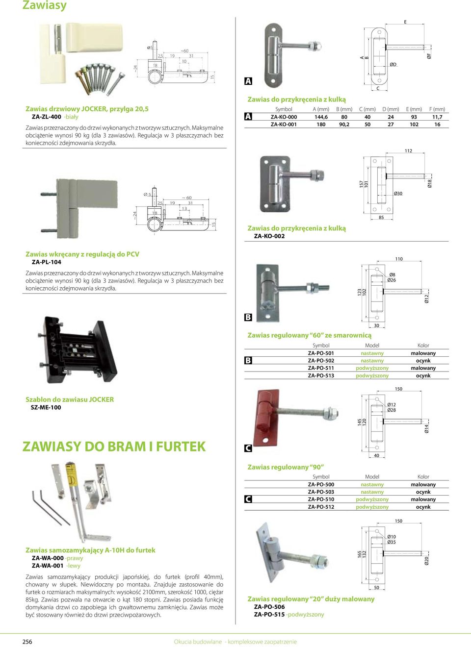 Zawias do przykręcenia z kulką Symbol (mm) (mm) (mm) (mm) (mm) F (mm) Z-KO-000 144,6 80 40 24 93 11,7 Z-KO-001 180 90,2 50 27 102 16 112 157 101 ~24 Ø 5 ~ 60 2,5 19 31 13 18 85 Ø30 15 Zawias do