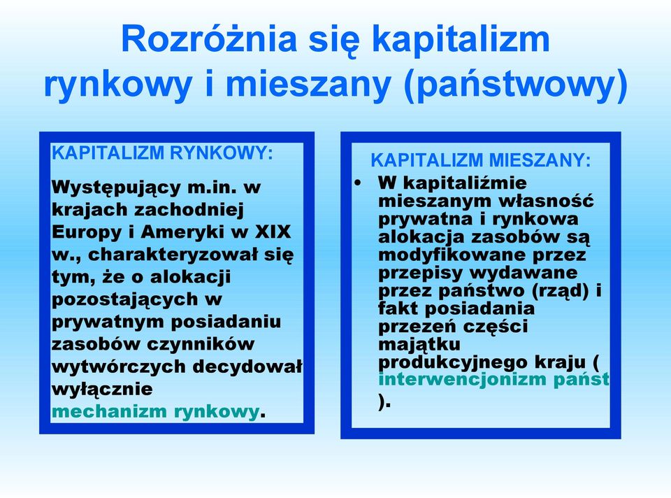 , charakteryzował się tym, że o alokacji pozostających w prywatnym posiadaniu zasobów czynników wytwórczych decydował wyłącznie