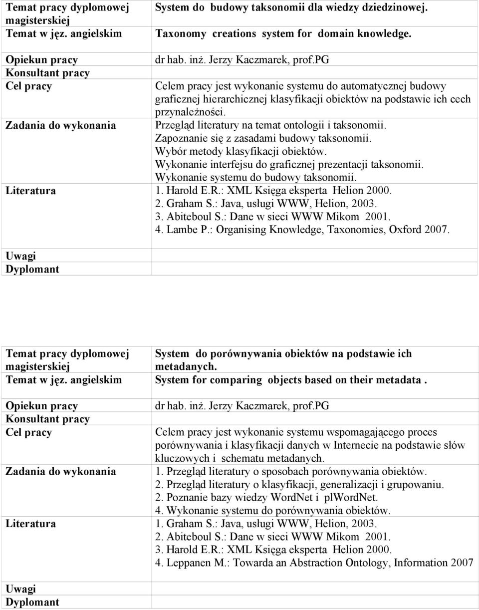 Zapoznanie się z zasadami budowy taksonomii. Wybór metody klasyfikacji obiektów. Wykonanie interfejsu do graficznej prezentacji taksonomii. Wykonanie systemu do budowy taksonomii. 1. Harold E.R.