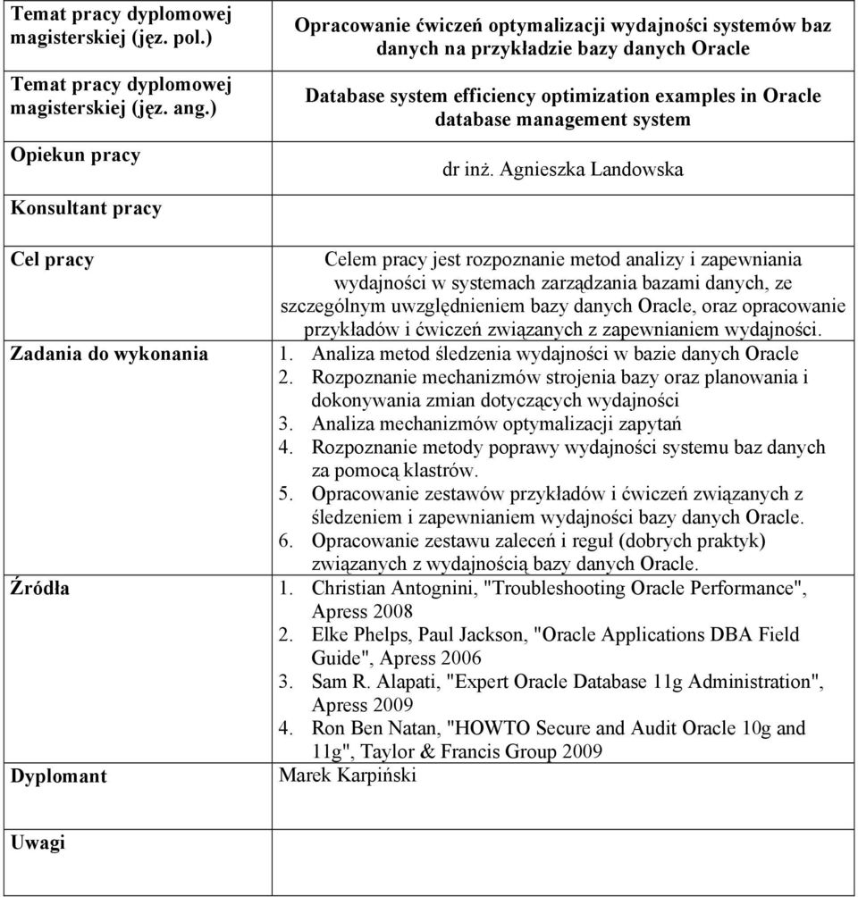 Agnieszka Landowska Źródła Celem pracy jest rozpoznanie metod analizy i zapewniania wydajności w systemach zarządzania bazami danych, ze szczególnym uwzględnieniem bazy danych Oracle, oraz