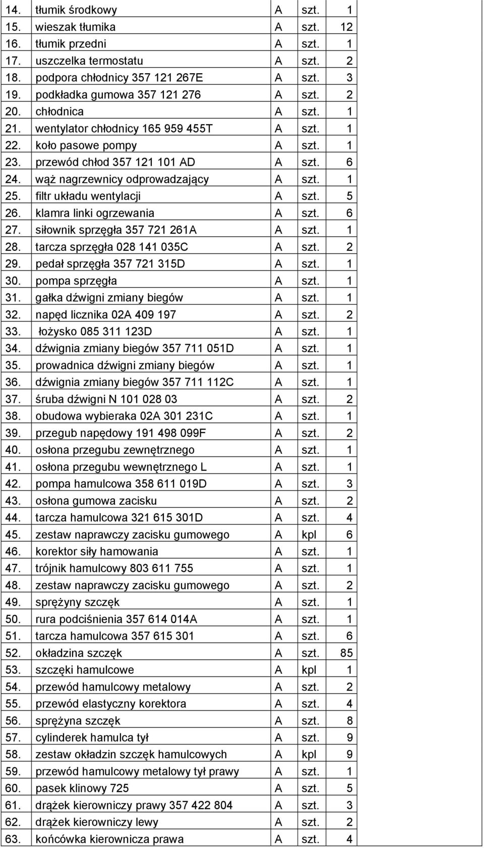 wąż nagrzewnicy odprowadzający A szt. 1 25. filtr układu wentylacji A szt. 5 26. klamra linki ogrzewania A szt. 6 27. siłownik sprzęgła 357 721 261A A szt. 1 28. tarcza sprzęgła 028 141 035C A szt.