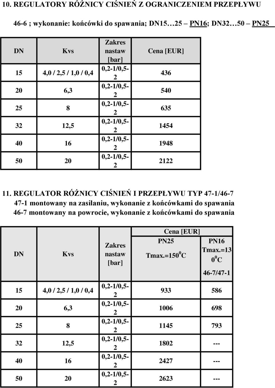 REGULATOR RÓŻNICY CIŚNIEŃ I PRZEPŁYWU TYP 47-1/46-7 47-1 montowany na zasilaniu, wykonanie z końcówkami do spawania 46-7 montowany na