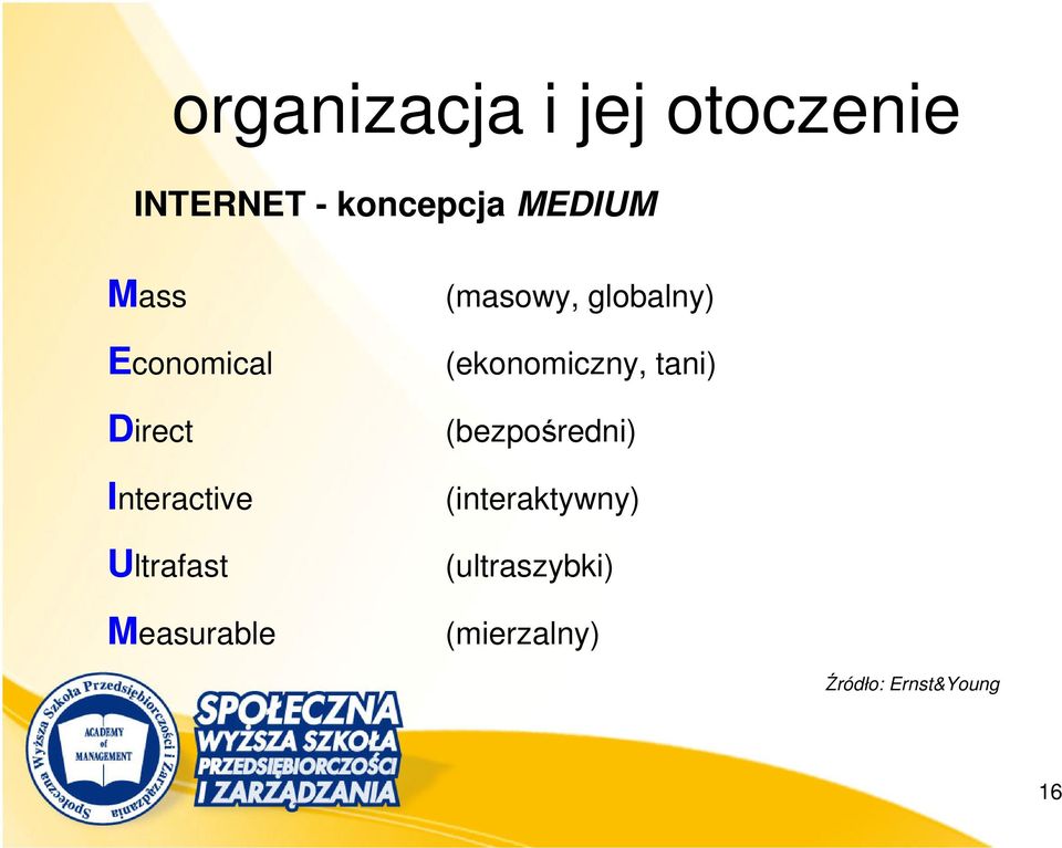 (masowy, globalny) (ekonomiczny, tani) (bezpośredni)