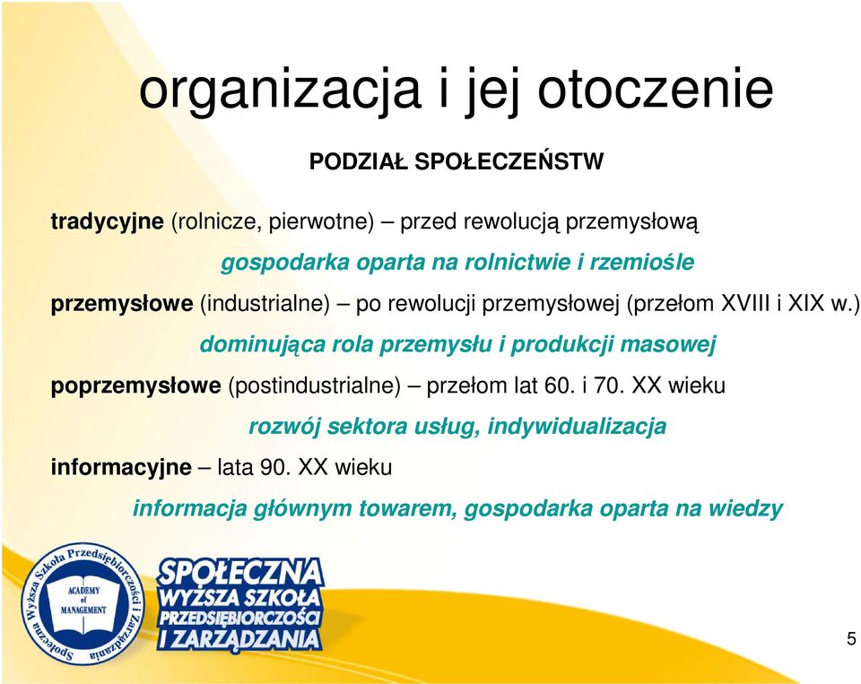 w.) dominująca rola przemysłu i produkcji masowej poprzemysłowe (postindustrialne) przełom lat 60. i 70.