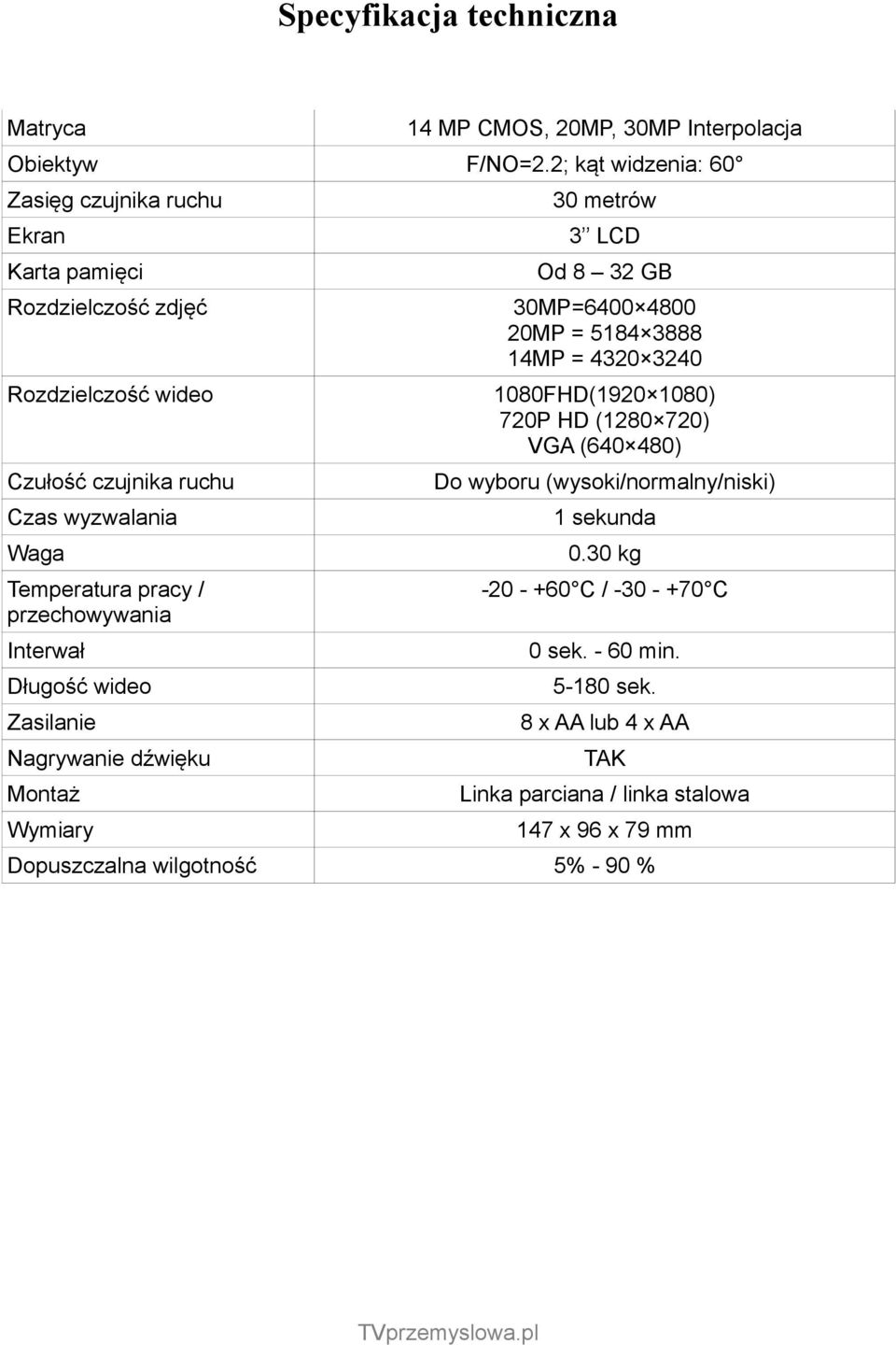 przechowywania Interwał Długość wideo Zasilanie Nagrywanie dźwięku Montaż Wymiary 30 metrów 3 LCD Od 8 32 GB 30MP=6400 4800 20MP = 5184 3888 14MP = 4320 3240