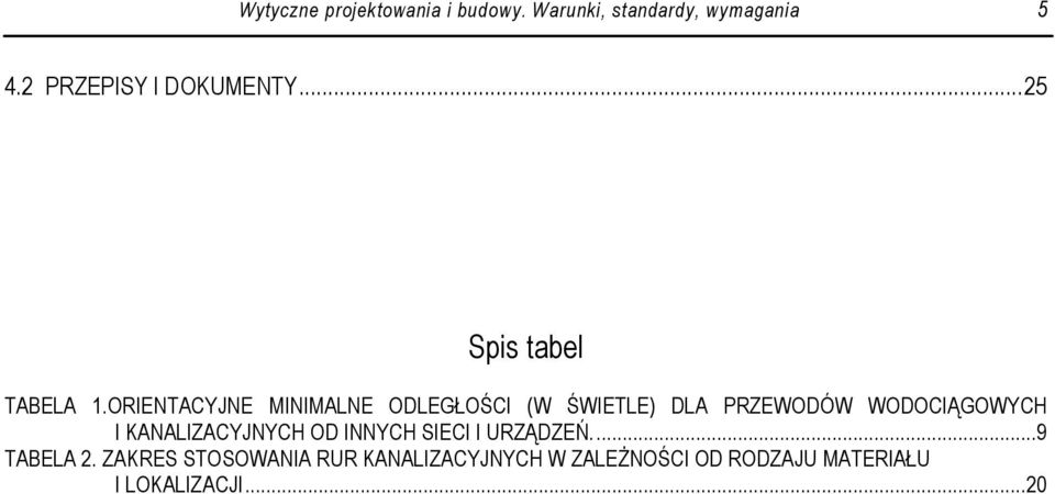 ORIENTACYJNE MINIMALNE ODLEGŁOŚCI (W ŚWIETLE) DLA PRZEWODÓW WODOCIĄGOWYCH I