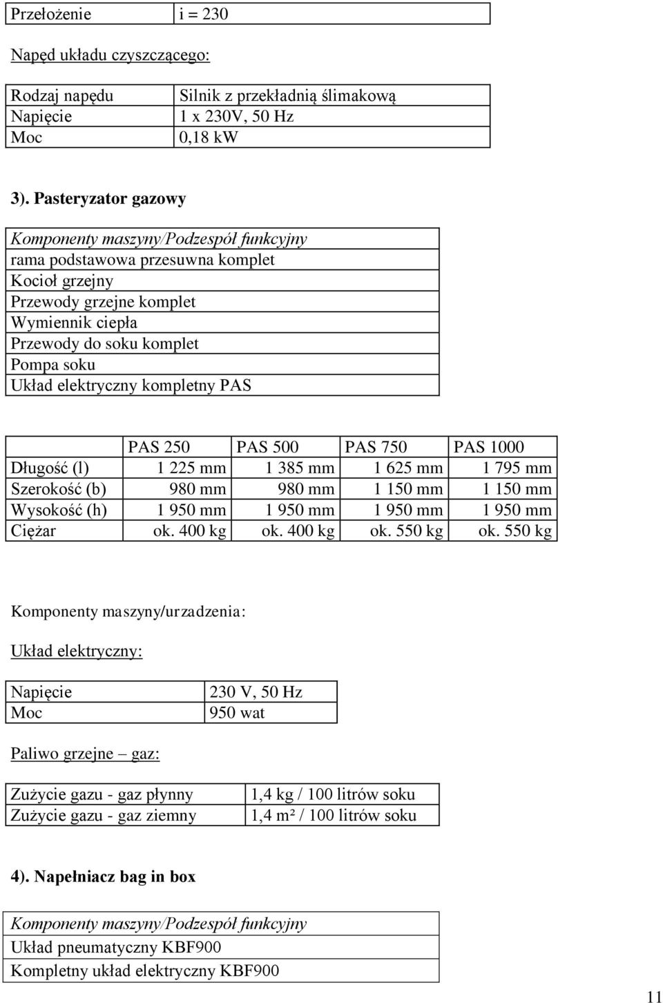 elektryczny kompletny PAS PAS 250 PAS 500 PAS 750 PAS 1000 Długość (l) 1 225 mm 1 385 mm 1 625 mm 1 795 mm Szerokość (b) 980 mm 980 mm 1 150 mm 1 150 mm Wysokość (h) 1 950 mm 1 950 mm 1 950 mm 1 950