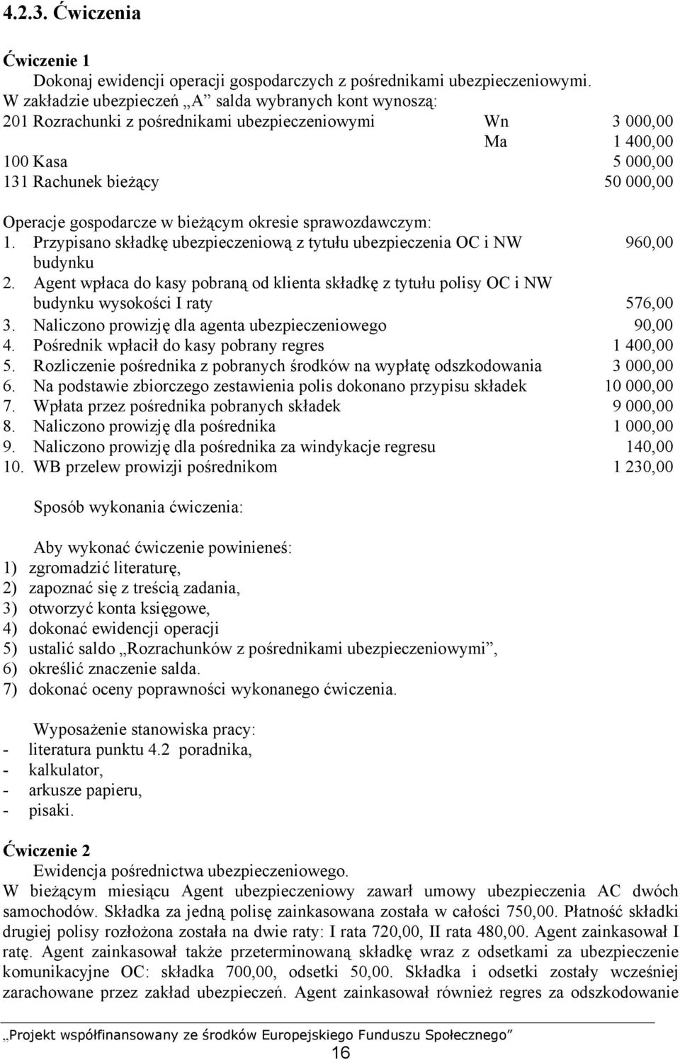 w bieżącym okresie sprawozdawczym: 1. Przypisano składkę ubezpieczeniową z tytułu ubezpieczenia OC i NW 960,00 budynku 2.