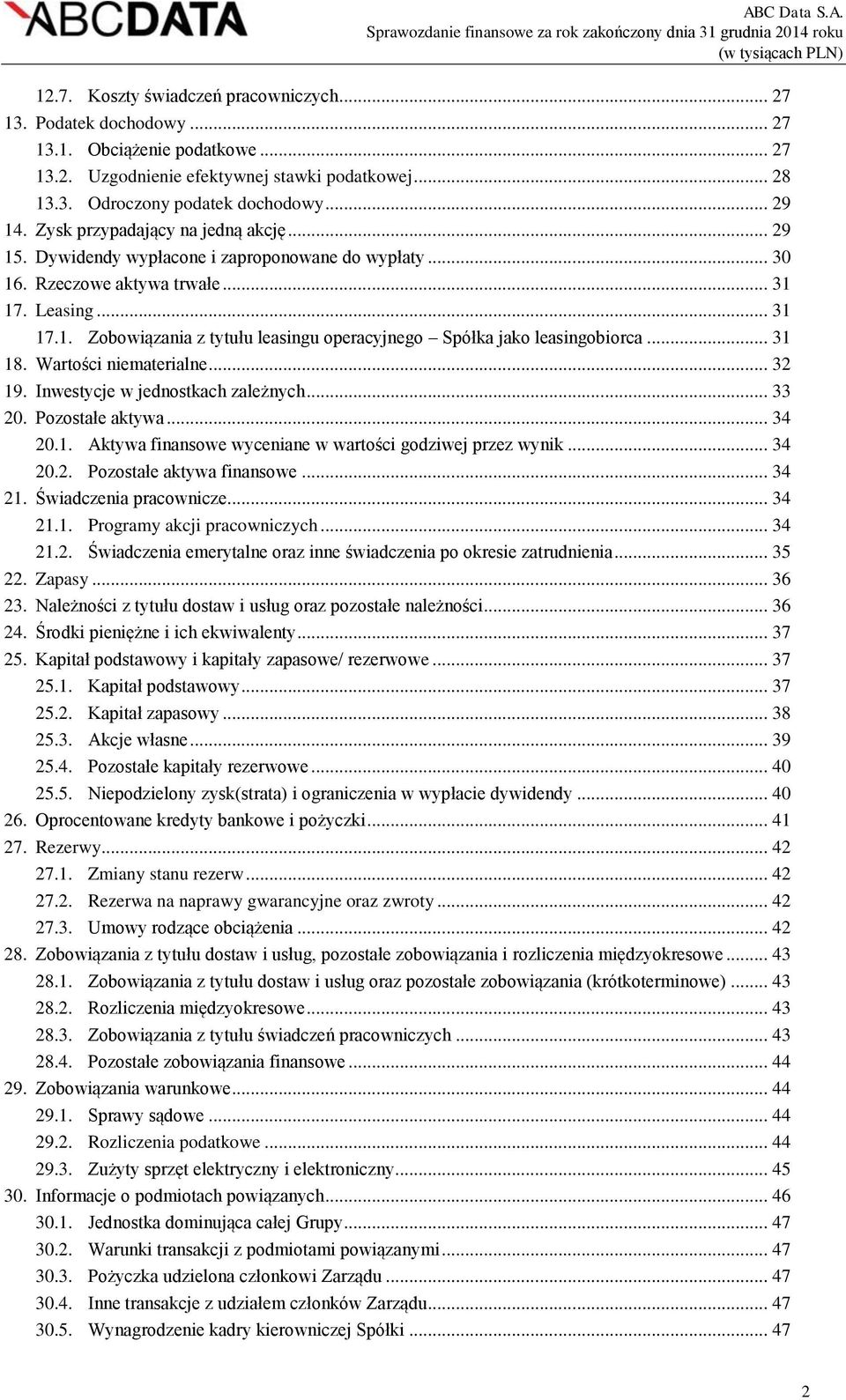 .. 31 18. Wartości niematerialne... 32 19. Inwestycje w jednostkach zależnych... 33 20. Pozostałe aktywa... 34 20.1. Aktywa finansowe wyceniane w wartości godziwej przez wynik... 34 20.2. Pozostałe aktywa finansowe.