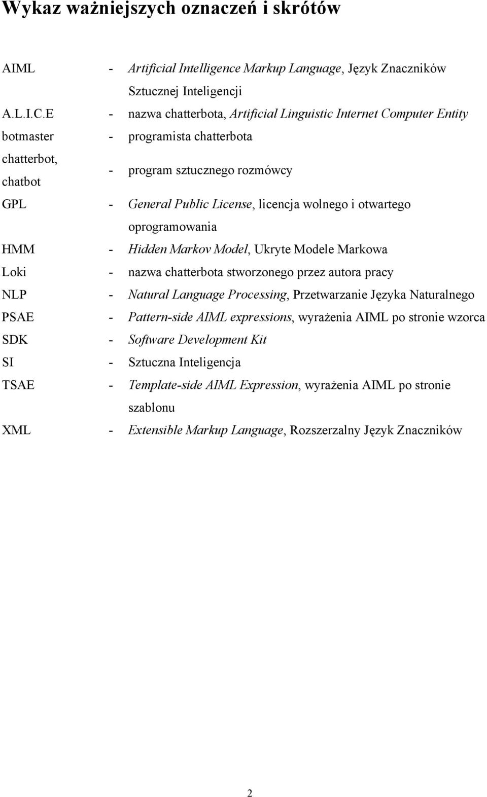 wolnego i otwartego oprogramowania HMM - Hidden Markov Model, Ukryte Modele Markowa Loki - nazwa chatterbota stworzonego przez autora pracy NLP - Natural Language Processing, Przetwarzanie Języka