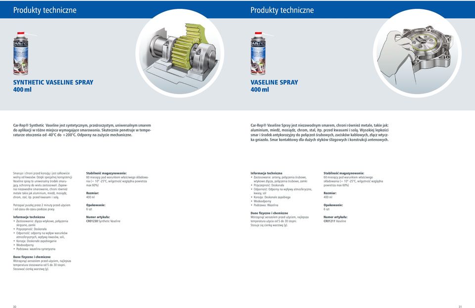 Car-Rep Vaseline Spray jest niezawodnym smarem, chroni również metale, takie jak: aluminium, miedź, mosiądz, chrom, stal, itp. przed kwasami i solą.