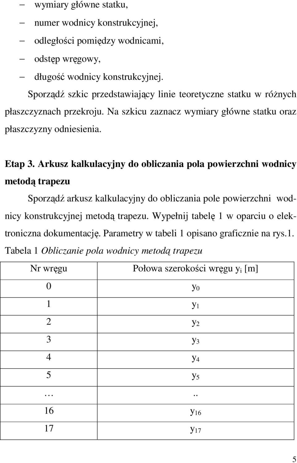 Arkusz kalkulacyjny do obliczania pola powierzchni wodnicy metodą trapezu Sporządź arkusz kalkulacyjny do obliczania pole powierzchni wodnicy konstrukcyjnej metodą trapezu.