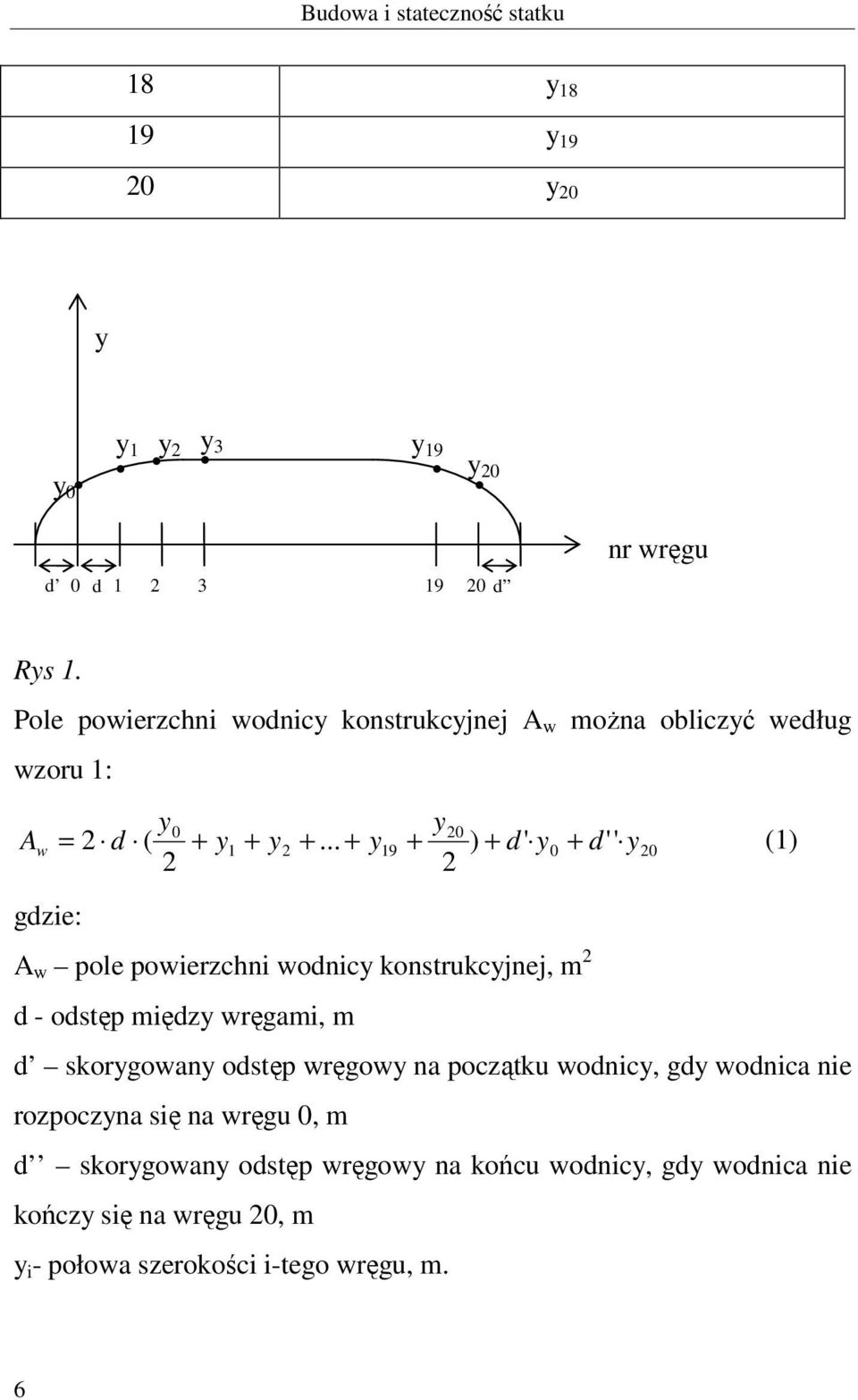 .. + y19 + ) + d' y0 + d'' y20 (1) 2 2 gdzie: A w pole powierzchni wodnicy konstrukcyjnej, m 2 d - odstęp między wręgami, m d skorygowany