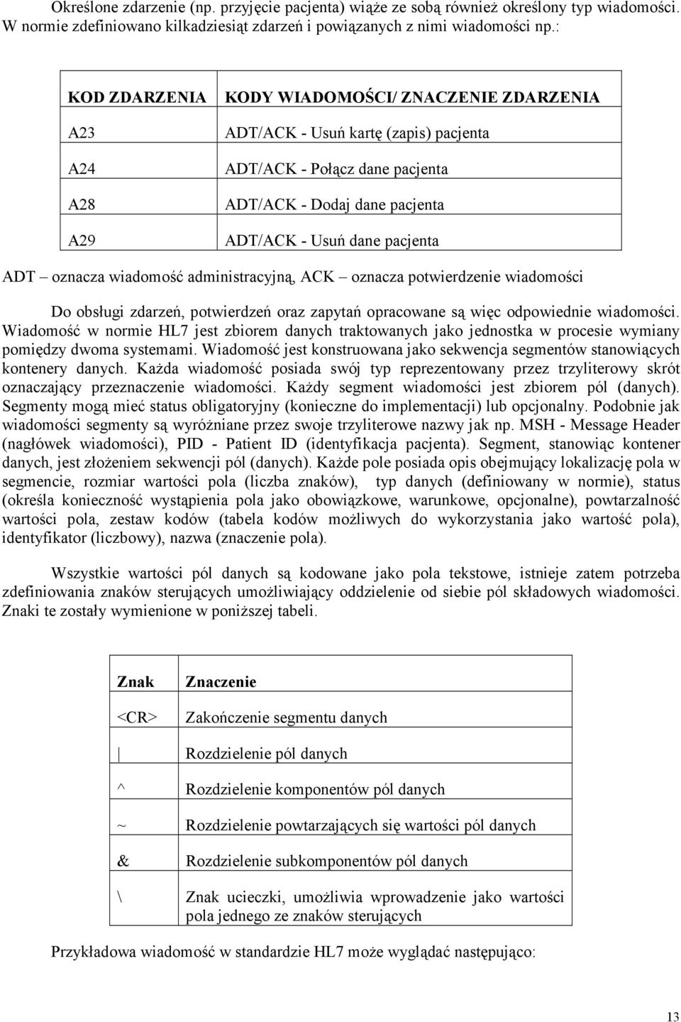 ADT oznacza wiadomość administracyjną, ACK oznacza potwierdzenie wiadomości Do obsługi zdarzeń, potwierdzeń oraz zapytań opracowane są więc odpowiednie wiadomości.