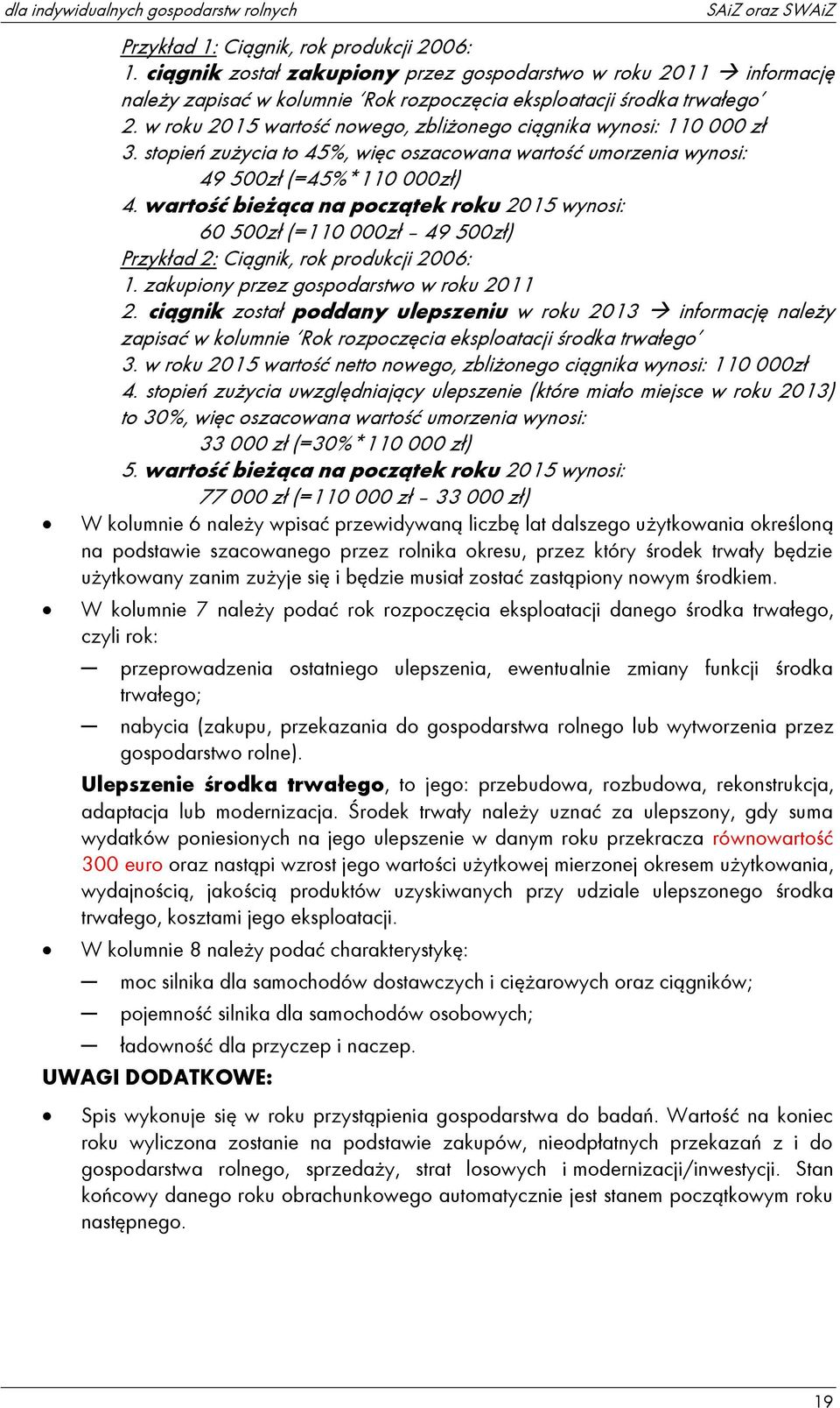 w roku 2015 wartość nowego, zbliżonego ciągnika wynosi: 110 000 zł 3. stopień zużycia to 45%, więc oszacowana wartość umorzenia wynosi: 49 500zł (=45%*110 000zł) 4.