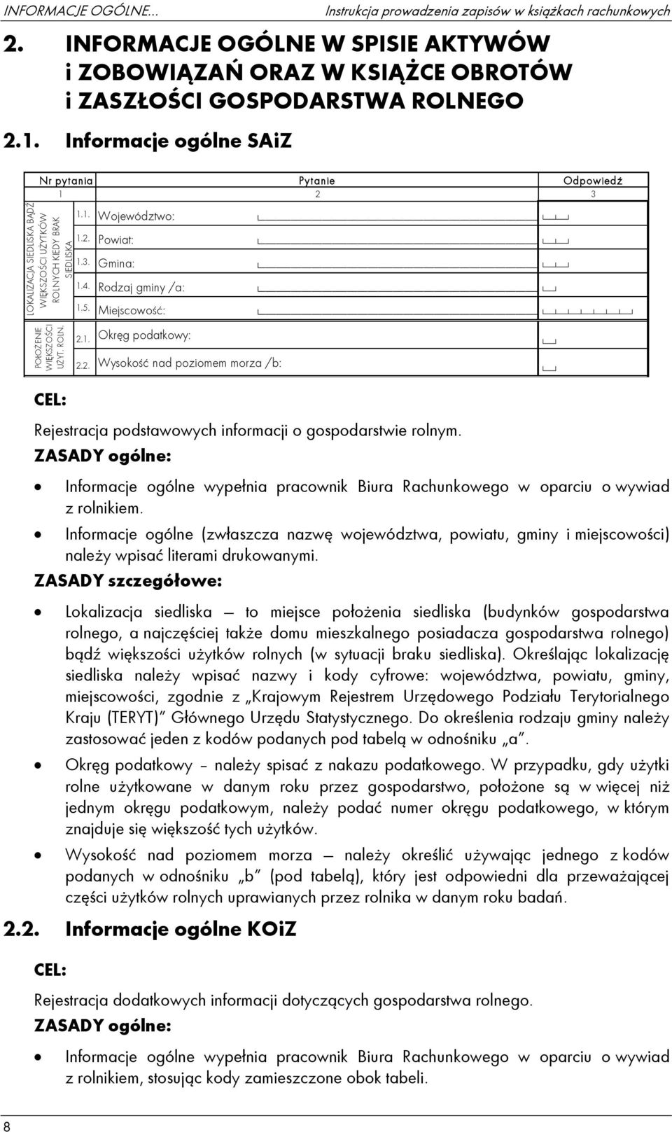 3. Gmina: 1.4. Rodzaj gminy /a: 1.5. Miejscowość: 2.1. 2.2. Okręg podatkowy: Wysokość nad poziomem morza /b: Rejestracja podstawowych informacji o gospodarstwie rolnym.