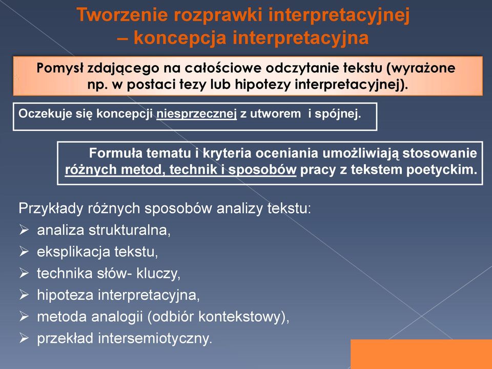 Formuła tematu i kryteria oceniania umożliwiają stosowanie różnych metod, technik i sposobów pracy z tekstem poetyckim.