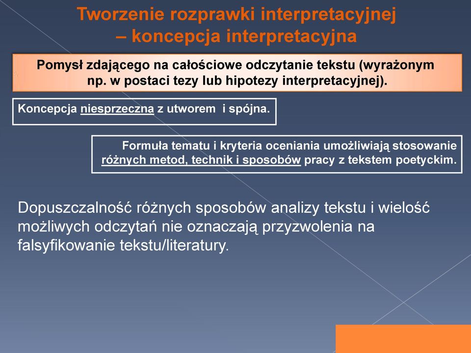 Formuła tematu i kryteria oceniania umożliwiają stosowanie różnych metod, technik i sposobów pracy z tekstem poetyckim.