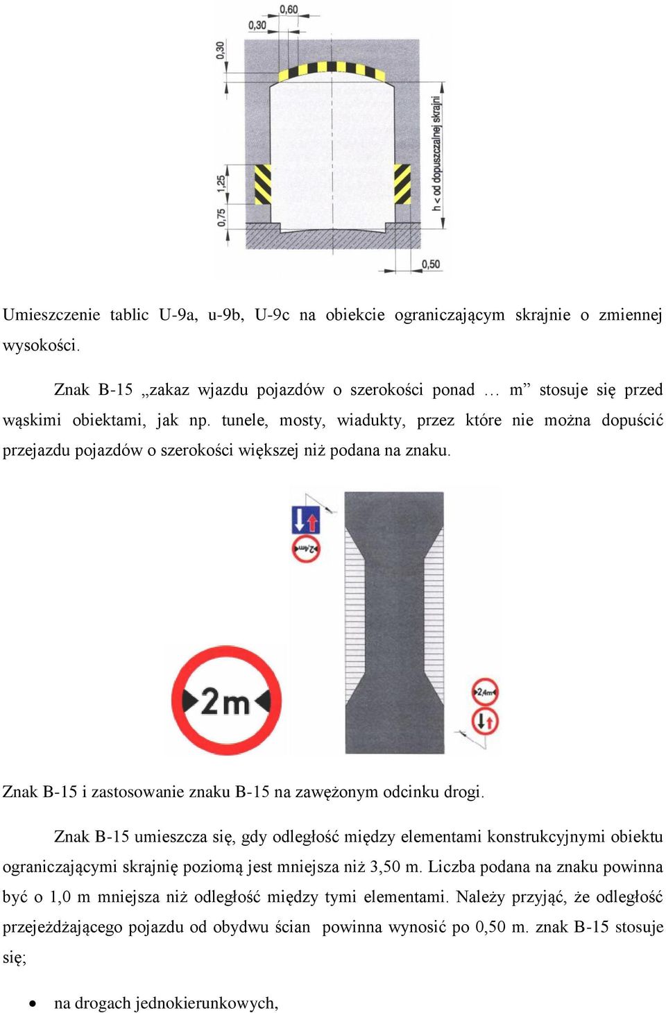 tunele, mosty, wiadukty, przez które nie można dopuścić przejazdu pojazdów o szerokości większej niż podana na znaku. Znak B-15 i zastosowanie znaku B-15 na zawężonym odcinku drogi.