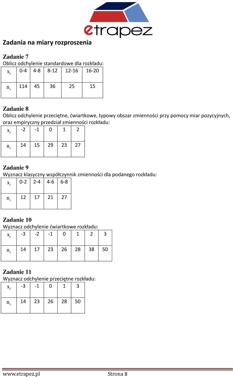 15 29 23 27 Zadane 9 Wyznacz klasyczny współczynnk zmennośc dla podanego rozkładu: x 0-2 2-4 4-6 6-8 n 12 17 21 27 Zadane 10 Wyznacz odchylene