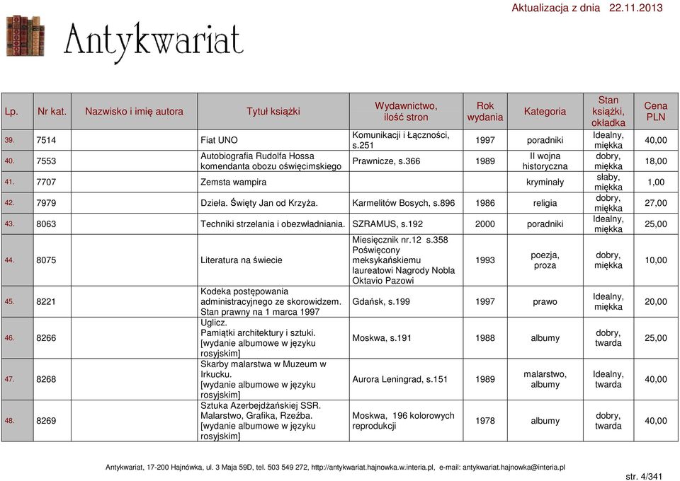 8075 Literatura na świecie 45. 8221 46. 8266 47. 8268 48. 8269 Kodeka postępowania administracyjnego ze skorowidzem. prawny na 1 marca 1997 Uglicz. Pamiątki architektury i sztuki.