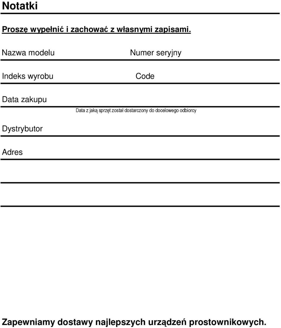 Nazwa modelu Indeks wyrobu Numer seryjny Code