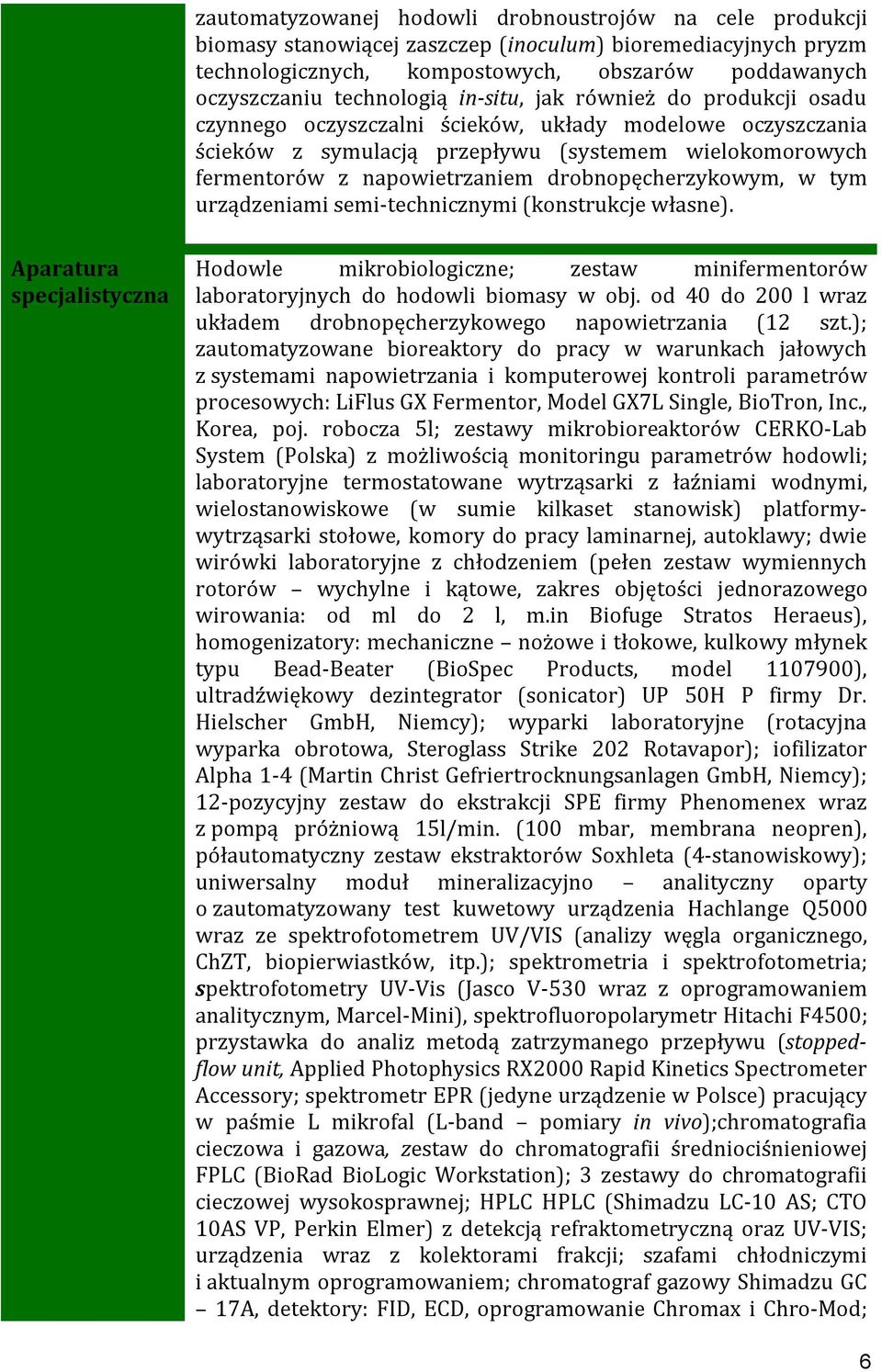 drobnopęcherzykowym, w tym urządzeniami semi-technicznymi (konstrukcje własne). Aparatura specjalistyczna Hodowle mikrobiologiczne; zestaw minifermentorów laboratoryjnych do hodowli biomasy w obj.