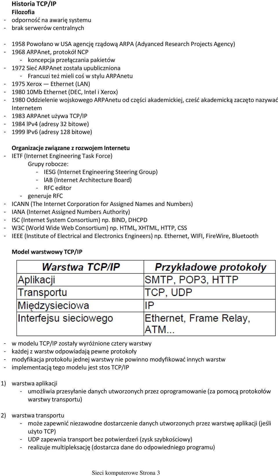 Oddzielenie wojskowego ARPAnetu od części akademickiej, cześć akademicką zaczęto nazywać Internetem 1983 ARPAnet używa TCP/IP 1984 lpv4 (adresy 32 bitowe) 1999 lpv6 (adresy 128 bitowe) Organizacje