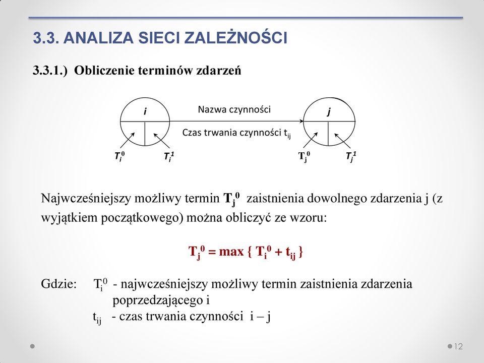 zdarzenia j (z wyjątkiem początkowego) można obliczyć ze wzoru: j = max { i + t ij } Gdzie: i