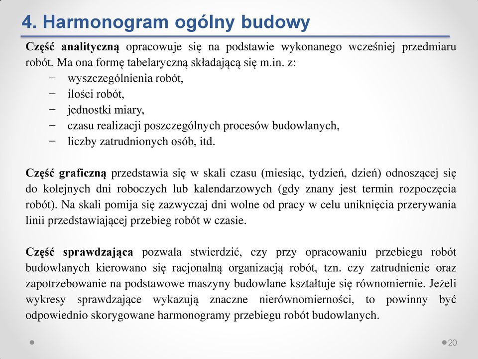 Część graficzną przedstawia się w skali czasu (miesiąc, tydzień, dzień) odnoszącej się do kolejnych dni roboczych lub kalendarzowych (gdy znany jest termin rozpoczęcia robót).