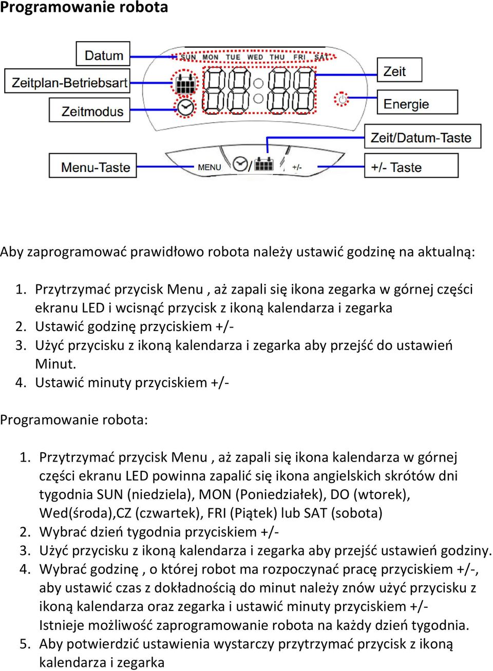 Użyć przycisku z ikoną kalendarza i zegarka aby przejść do ustawień Minut. 4. Ustawić minuty przyciskiem +/- Programowanie robota: 1.
