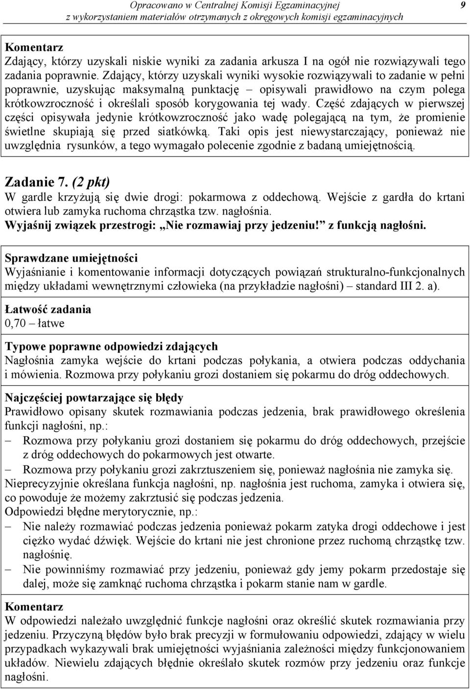 tej wady. Część zdających w pierwszej części opisywała jedynie krótkowzroczność jako wadę polegającą na tym, że promienie świetlne skupiają się przed siatkówką.