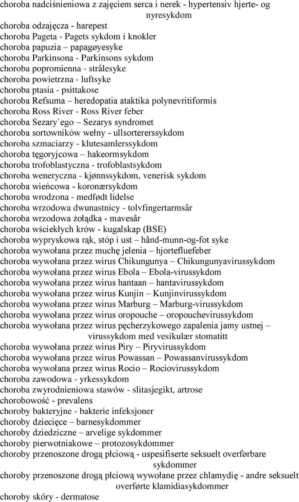 Ross River feber choroba Sezary`ego Sezarys syndromet choroba sortowników wełny - ullsortererssykdom choroba szmaciarzy - klutesamlerssykdom choroba tęgoryjcowa hakeormsykdom choroba trofoblastyczna