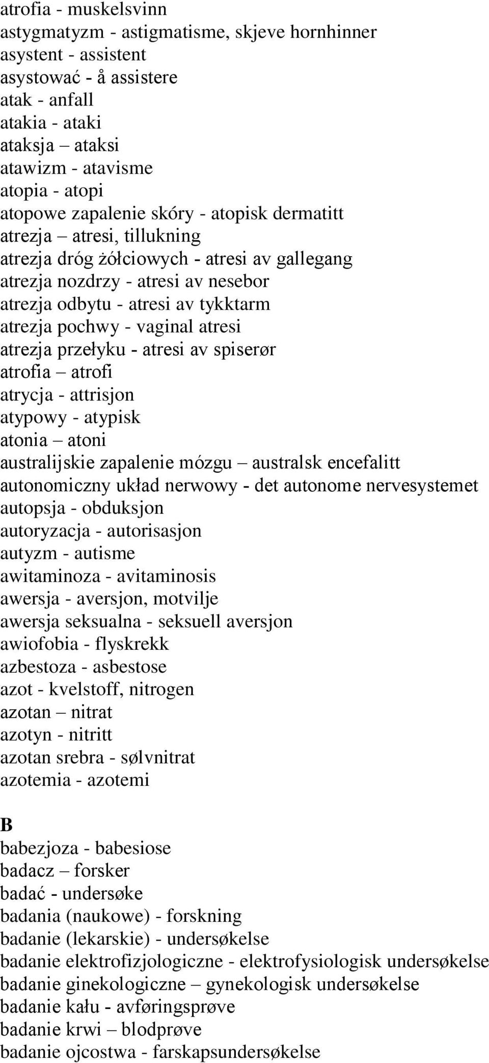 vaginal atresi atrezja przełyku - atresi av spiserør atrofia atrofi atrycja - attrisjon atypowy - atypisk atonia atoni australijskie zapalenie mózgu australsk encefalitt autonomiczny układ nerwowy -