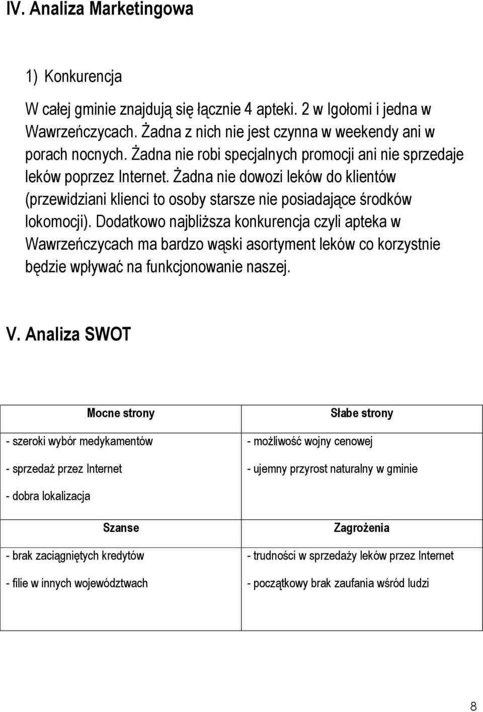 Dodatkowo najbliŝsza konkurencja czyli apteka w Wawrzeńczycach ma bardzo wąski asortyment leków co korzystnie będzie wpływać na funkcjonowanie naszej. V.