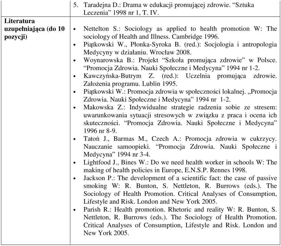 Woynarowska B.: Projekt Szkoła promująca zdrowie w Polsce. Promocja Zdrowia. Nauki Społeczne i Medycyna 1994 nr 1-2. Kawczyńska-Butrym Z. (red.): Uczelnia promująca zdrowie. Założenia programu.