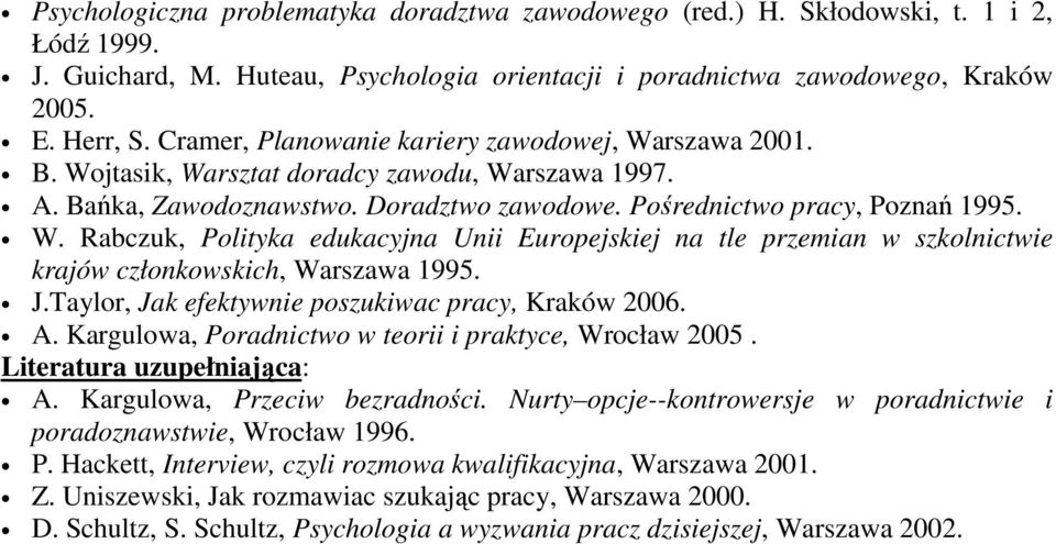 J.Taylor, Jak efektywnie poszukiwac pracy, Kraków 2006. A. Kargulowa, Poradnictwo w teorii i praktyce, Wrocław 2005. Literatura uzupełniająca: A. Kargulowa, Przeciw bezradności.