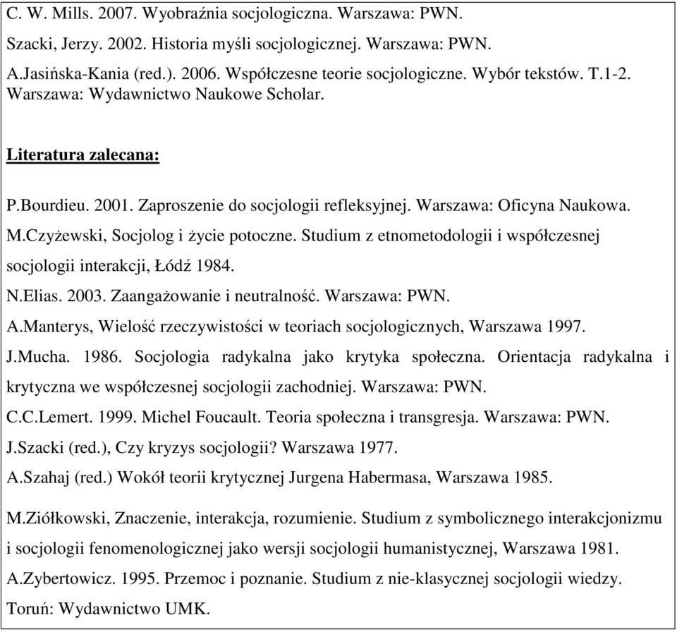 Czyżewski, Socjolog i życie potoczne. Studium z etnometodologii i współczesnej socjologii interakcji, Łódź 1984. N.Elias. 2003. Zaangażowanie i neutralność. Warszawa: PWN. A.