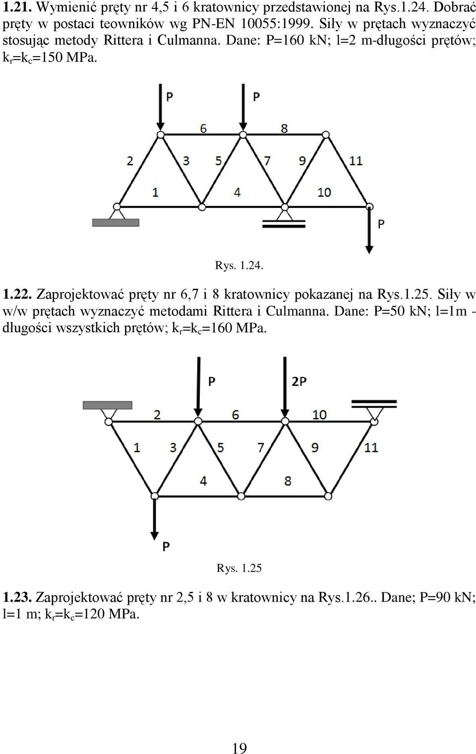 Zaprojektować pręty nr 6,7 i 8 kratownicy pokazanej na Rys.1.25. Siły w w/w prętach wyznaczyć metodami Rittera i Culmanna.