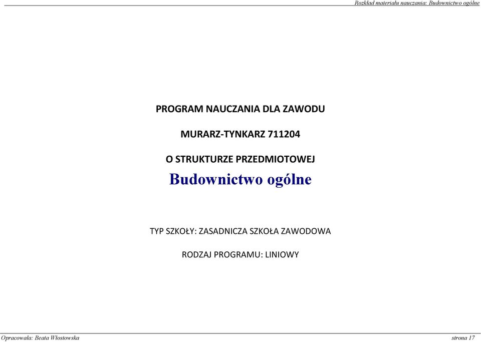 PRZEDMOTOWEJ Budownictwo ogólne TYP SZKOŁY: ZASADNCZA SZKOŁA