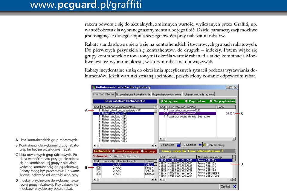 Do pierwszych przydziela się kontrahentów, do drugich indeksy. Potem wiąże się grupy kontrahenckie z towarowymi i określa wartość rabatu dla takiej kombinacji.