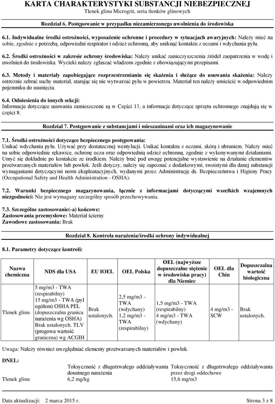 oczami i wdychania pyłu. 6.2. Środki ostrożności w zakresie ochrony środowiska: Należy unikać zanieczyszczenia źródeł zaopatrzenia w wodę i uwolnień do środowiska.