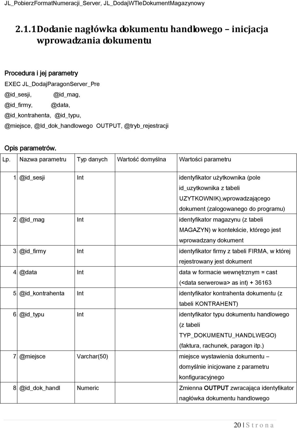 @miejsce, @Id_dok_handlowego OUTPUT, @tryb_rejestracji Opis parametrów. Lp. Nazwa parametru Typ danych Wartość domyślna Wartości parametru 1.