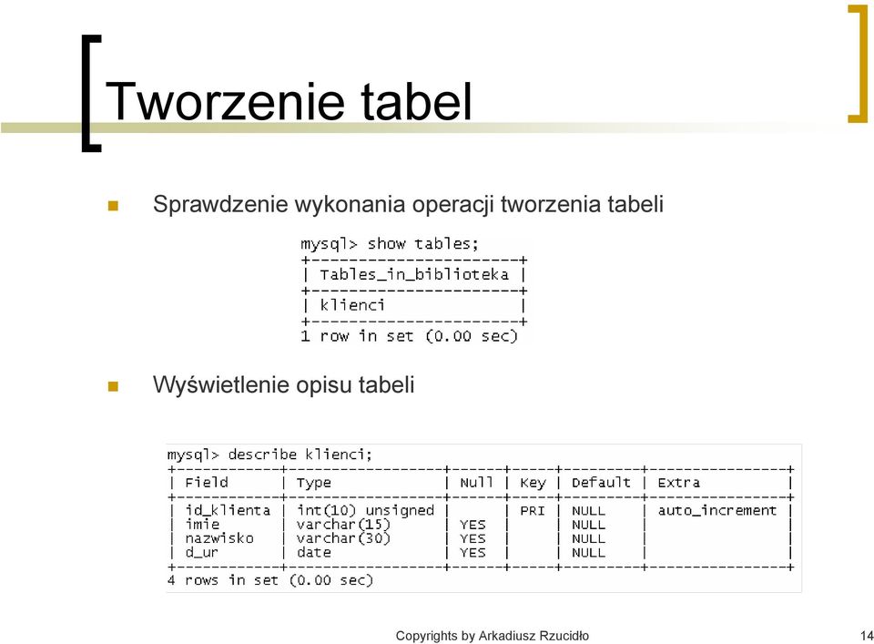 tabeli Wyświetlenie opisu