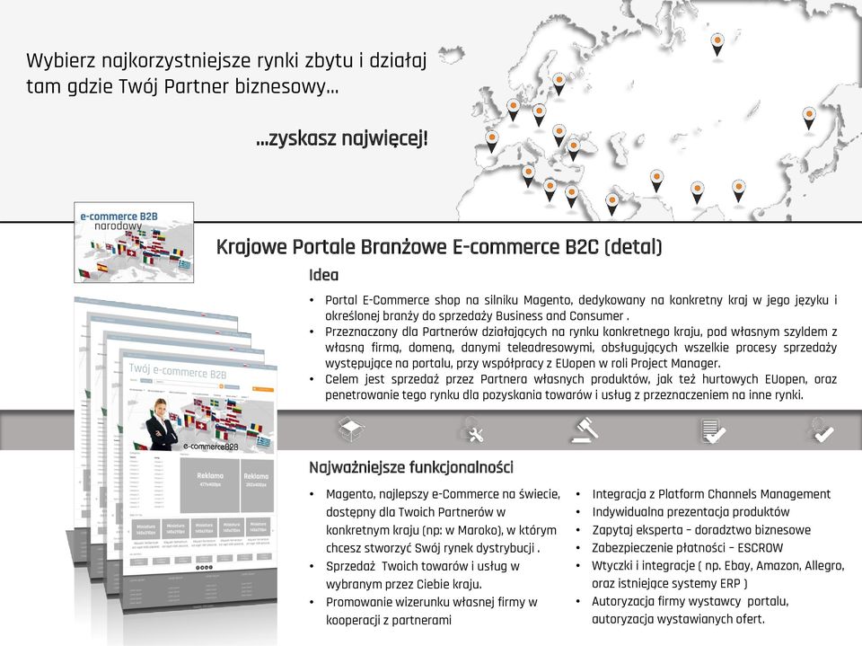 Przeznaczony dla Partnerów działających na rynku konkretnego kraju, pod własnym szyldem z własną firmą, domeną, danymi teleadresowymi, obsługujących wszelkie procesy sprzedaży występujące na portalu,