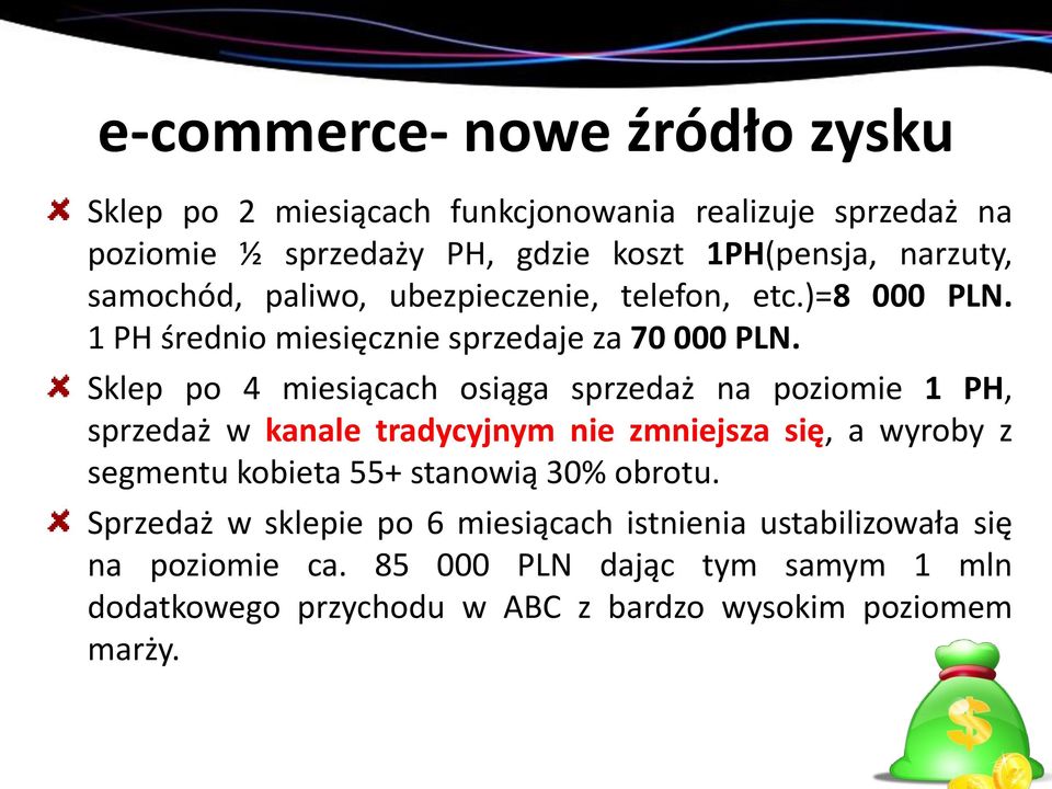 Sklep po 4 miesiącach osiąga sprzedaż na poziomie 1 PH, sprzedaż w kanale tradycyjnym nie zmniejsza się, a wyroby z segmentu kobieta 55+ stanowią